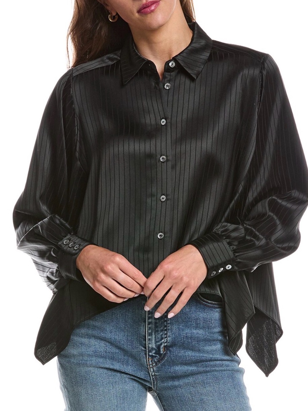 Cinq à Sept Georgia Black Satin Stripe Handkerchief Hem Top Size Small